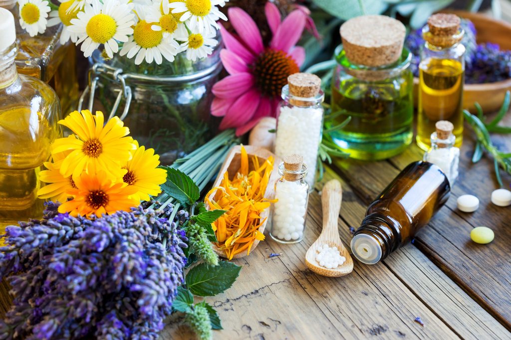 Heilpflanzen, Blüten und Globuli als Sinnbild für ganzheitliche Zahnheilkunde