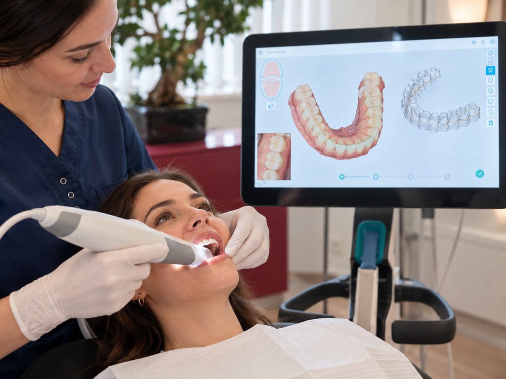 Patientin beim digitalen iTero-Scan, der 3D-Scan erscheint am Bildschirm