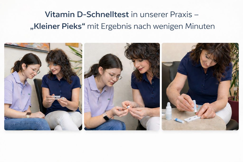 Vitamin-D-Schnelltest bei Zahnkonzept Regensburg: Beratung, kleiner Pieks in die Fingerkuppe und Auswertung des Teststreifens